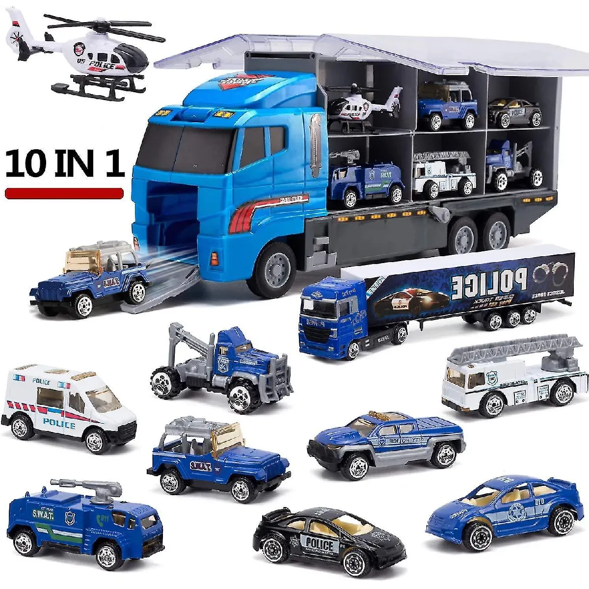 Camions jouets Véhicules de construction Camions de transport de police 10 en 1 Mini plastique moulé sous pression Jouer Voiture Voiture Jouet Set(Bleu)