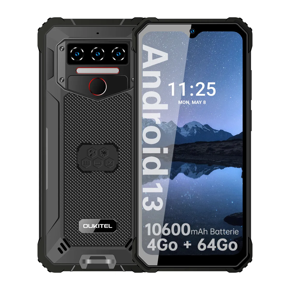 Téléphone OUKITEL WP23, Grande Batterie 10600 mAh, 4GO RAM + 64Go ROM, Smartphone Antichoc Étanche, Écran 6.52 Pouces, Android 13,système de caméra Triple, 4G Téléphone portable, [Classe énergétique A+++] - Noir