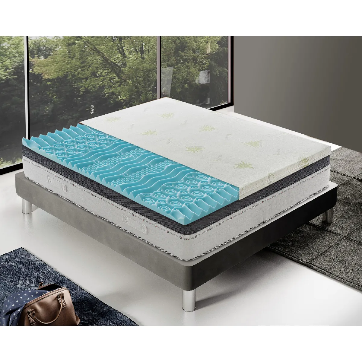 Sur-Matelas 120x190 en mousse à mémoire fresh à 9 zones