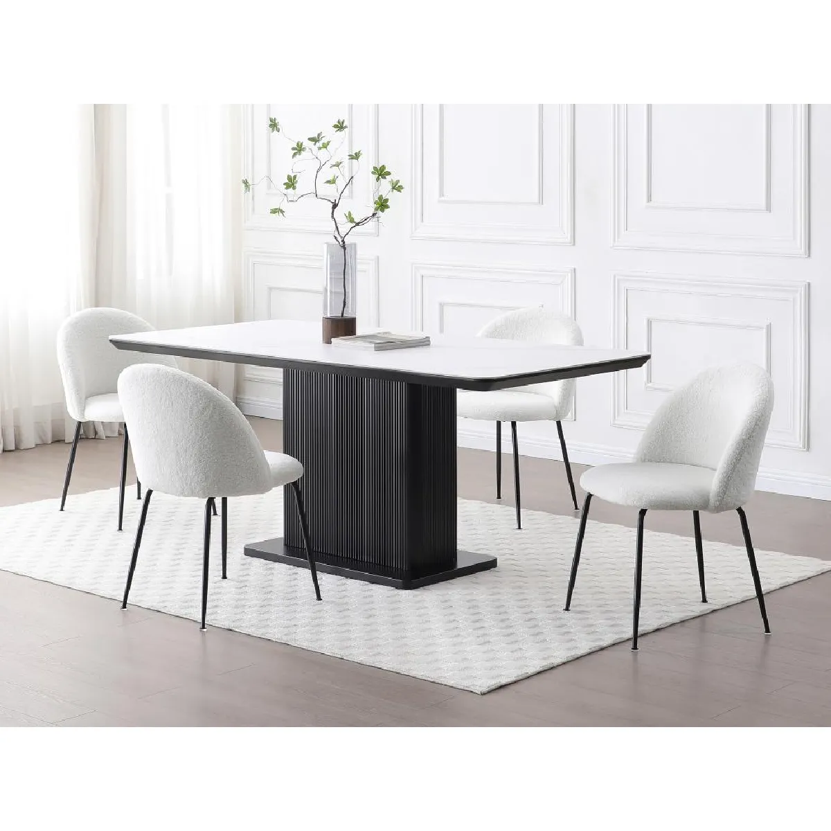 Lot de 2 chaises en tissu bouclette et acier inoxydable noir - Blanc - MELBOURNE