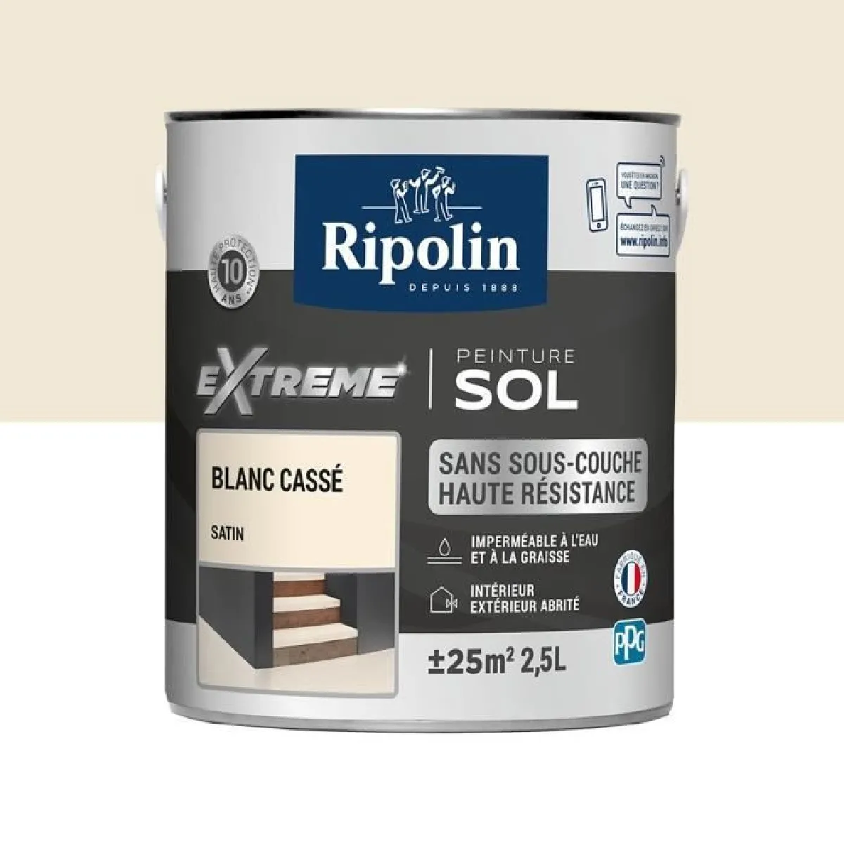 RIPOLIN Peinture pour Sol Interieur + Exterieur - Blanc Casse Satin, 2,5L