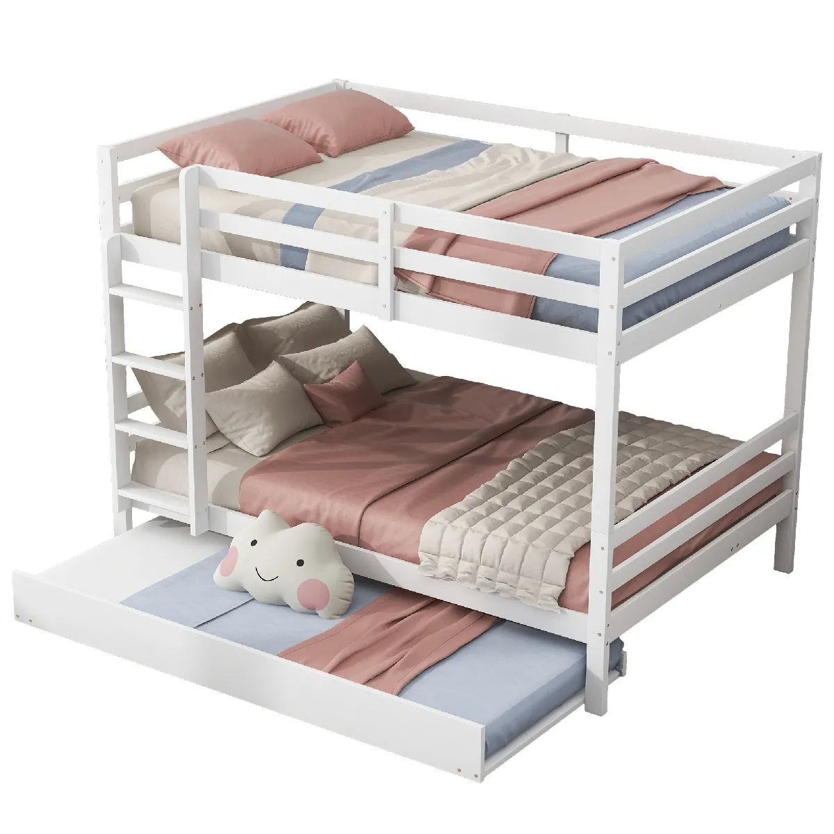 Blanc 140 * 200cm lits superposés pour les enfants, lits superposés avec lit gigogne, barre de haute hauteur, escalier stable