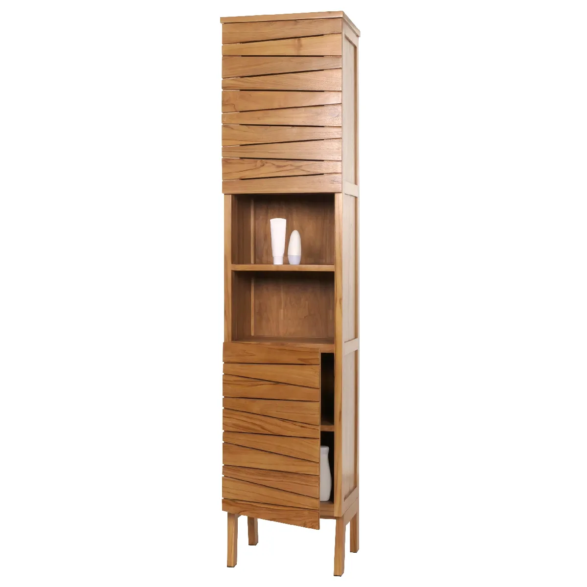 Armoire haute en teck HWC-M73, armoire de salle de bain, 2 portes 6 compartiments, teck de qualité B-Grade (bois de cœur, 20-30 ans) 181x40x35cm