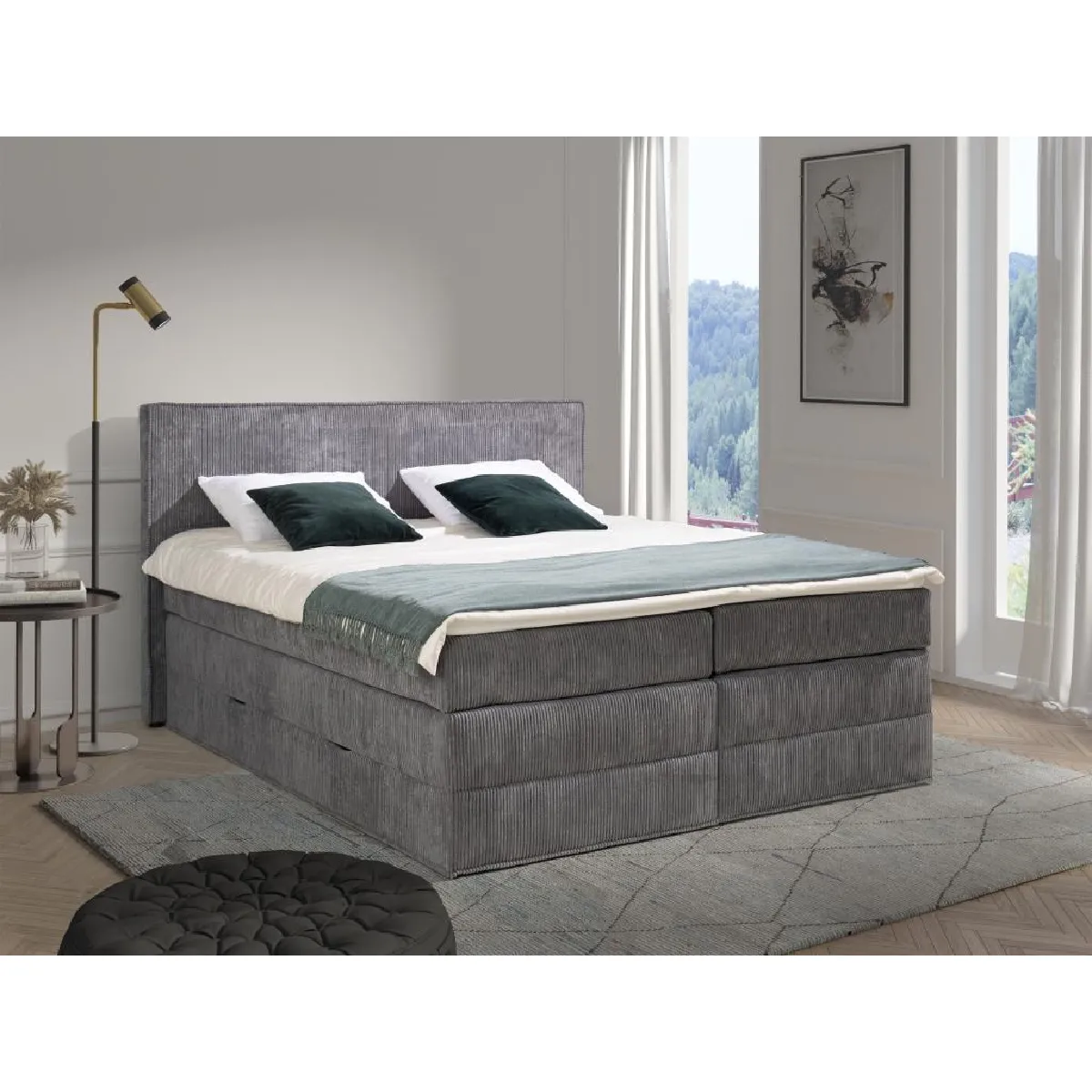 Ensemble complet boxspring tête de lit + sommiers coffre + matelas + surmatelas - 2 x 80 x 200 cm - Velours côtelé - Gris - IVOLOS de PALACIO