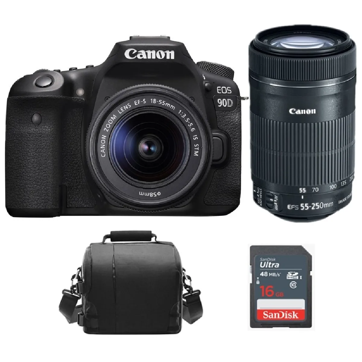 CANON EOS 90D KIT EF-S 18-55mm F3.5-5.6 IS STM + EF-S 55-250MM F4-5.6 IS STM + Camera Bag + 16GB SD card