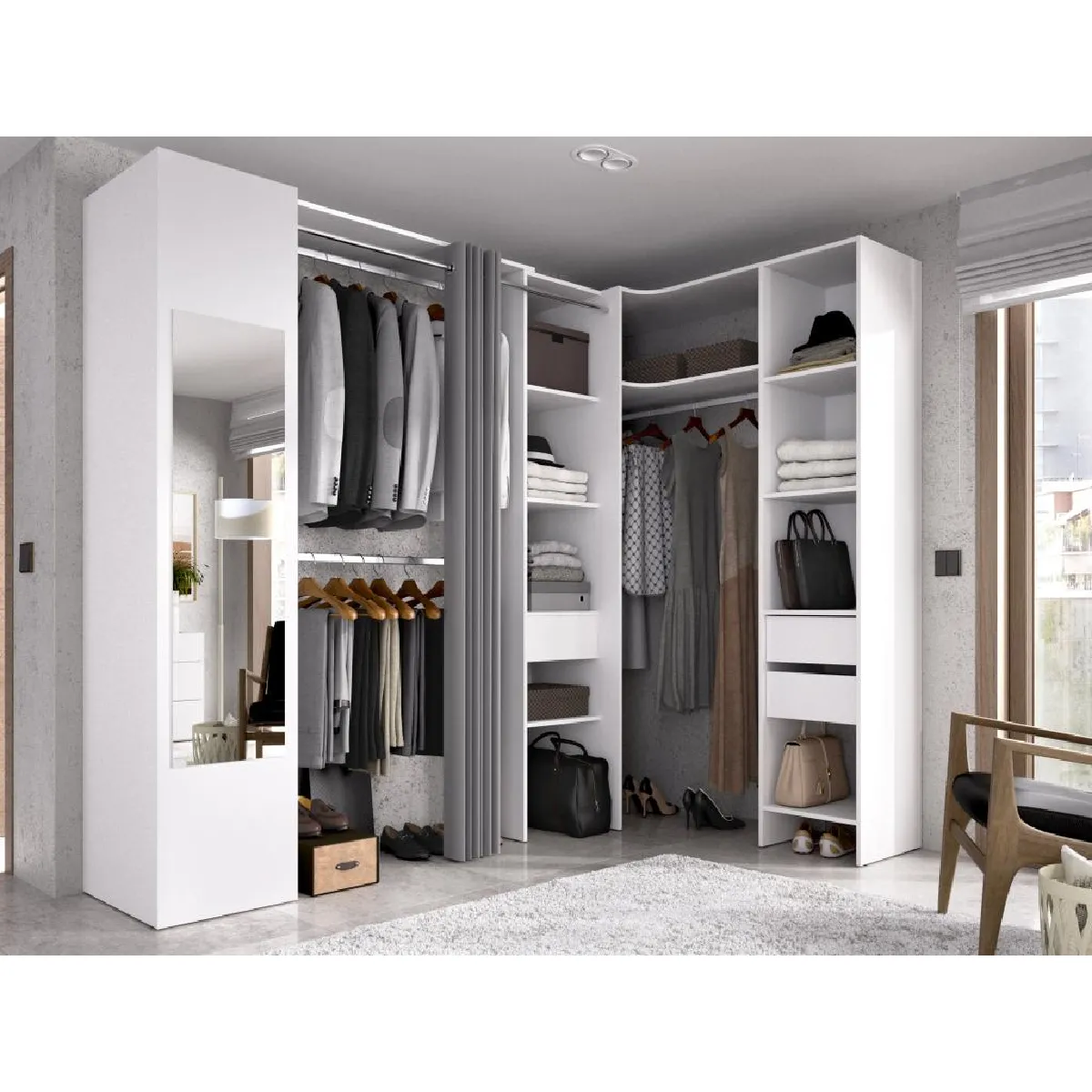 Dressing d'angle avec rideau et 1 porte - Avec miroir - L231 cm - Blanc et gris - BERTRAND