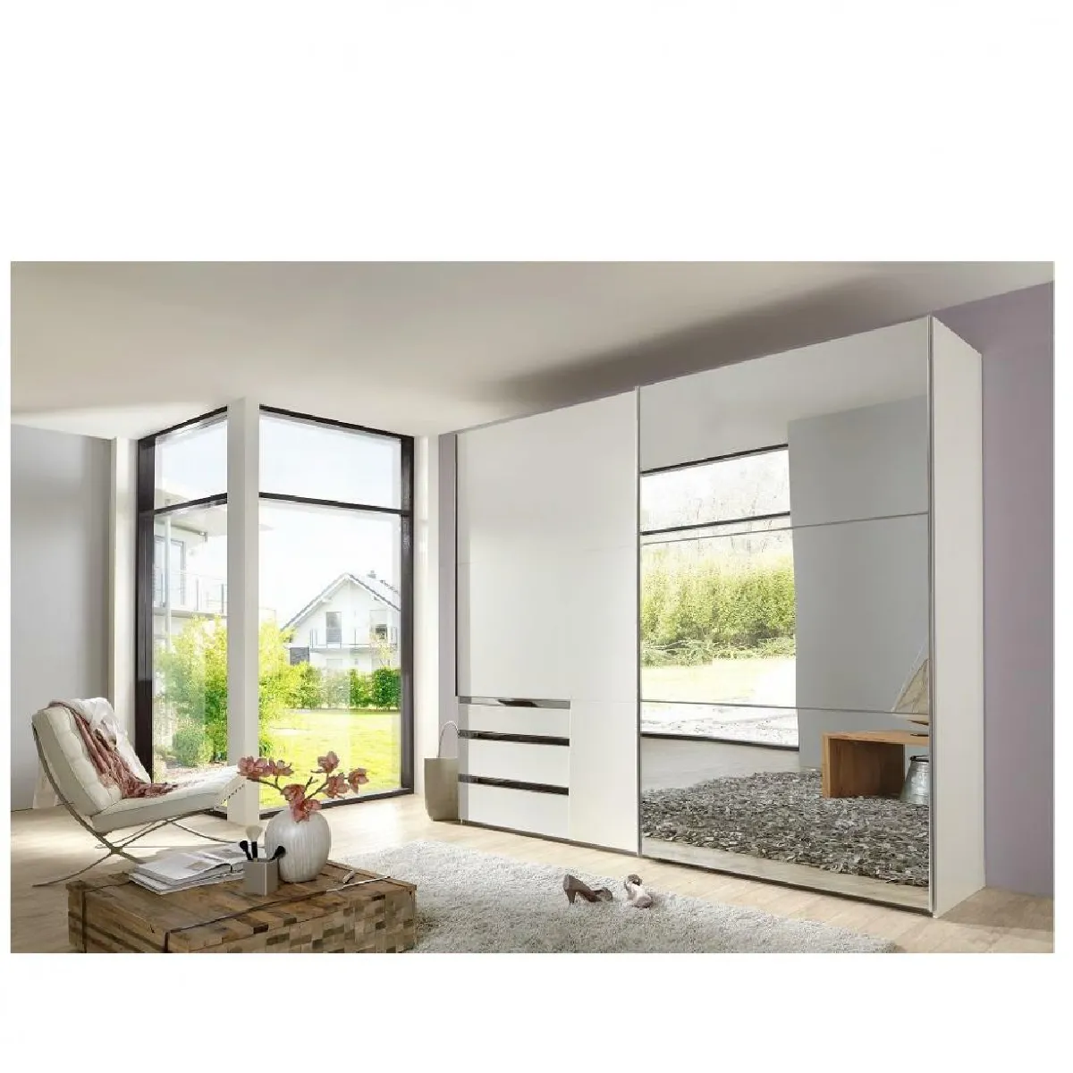 Armoire coulissante LISBETH 1 porte 3 tiroirs blanc 1 miroir 250 x 236 cm hauteur