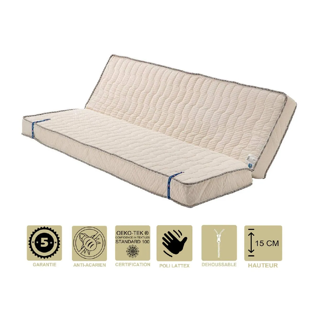 Matelas Ferme Pour Clic Clac 160x200 x 15 cm - Dim Assise 70 cm - Déhoussable Housse Lavable - 5 zones de Confort - Ame Poli Lattex Haute Résilience - Hypoallergénique