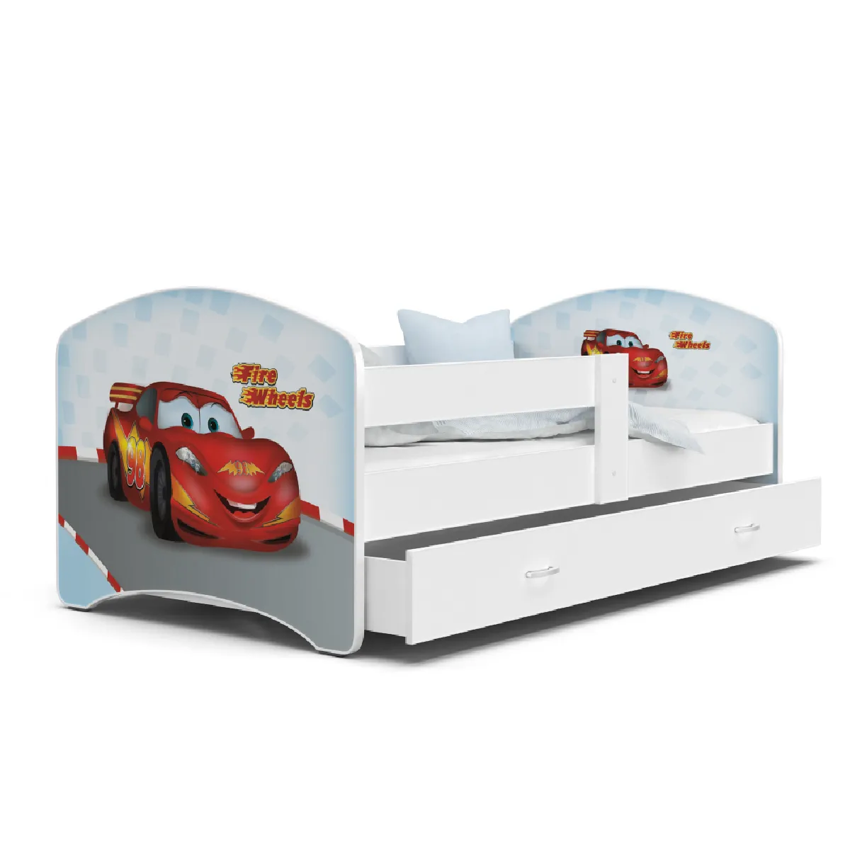 Lit Enfant Happy 80x160 Cars Blanc Livré avec sommiers, tiroir et matelas en mousse de 7cm