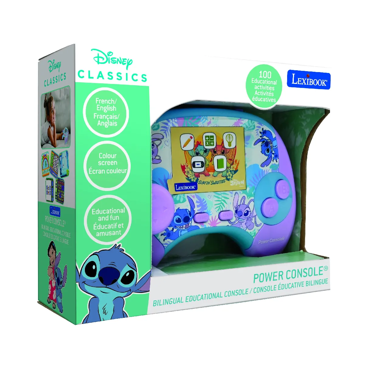 Power Console® Stitch console de jeux éducative parlante bilinque avec 100 activités et un écran 2,8" en français et anglais