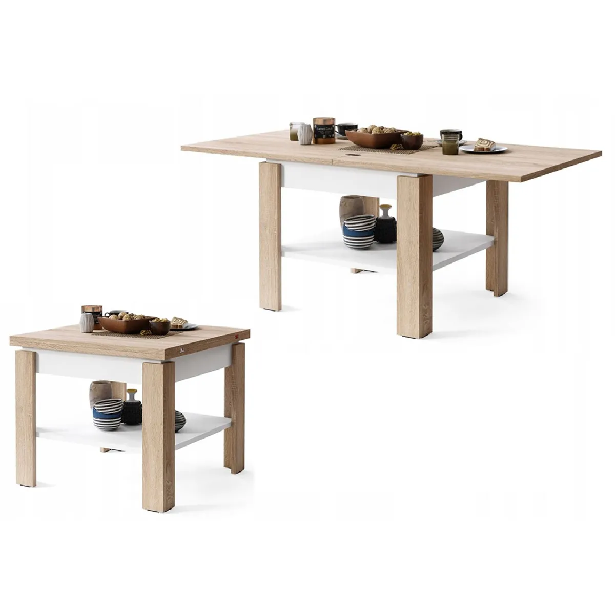 TABLE BASSE LEONOR BOIS / BLANC EXTENSIBLE JUSQU' 130 CM