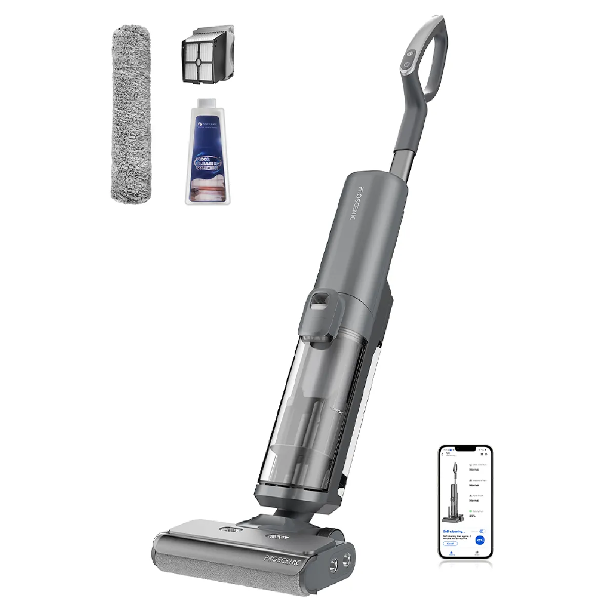 Aspirateur Balai Proscenic F20, Aspirateur Laveur Sans Fil, Double bord étroit de 8 mm, Autonettoyage, Écran Led, Aspiration et Nettoyage intégrés, Gris