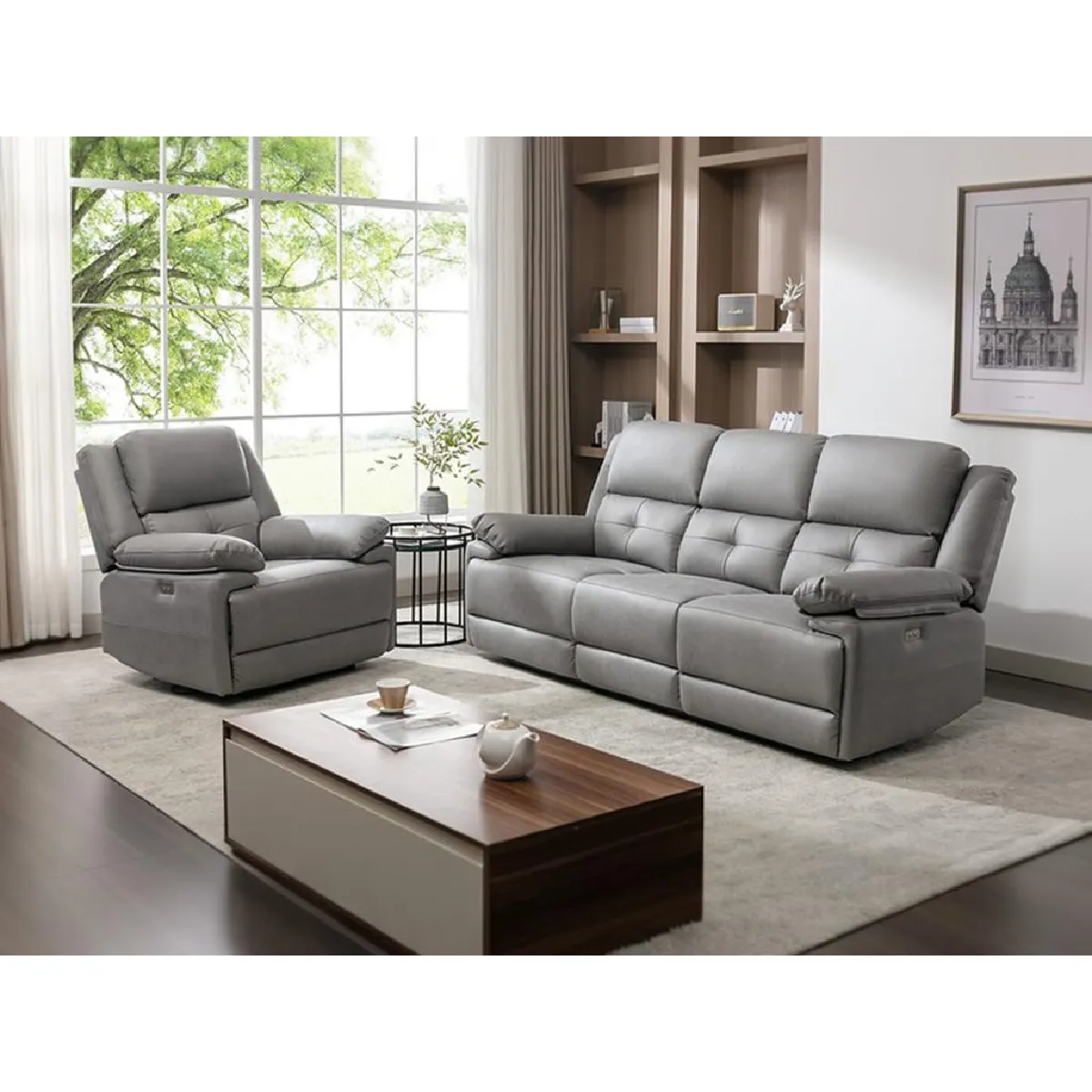 Canapé 3 places et fauteuil relax électrique en tissu gris DOLENE