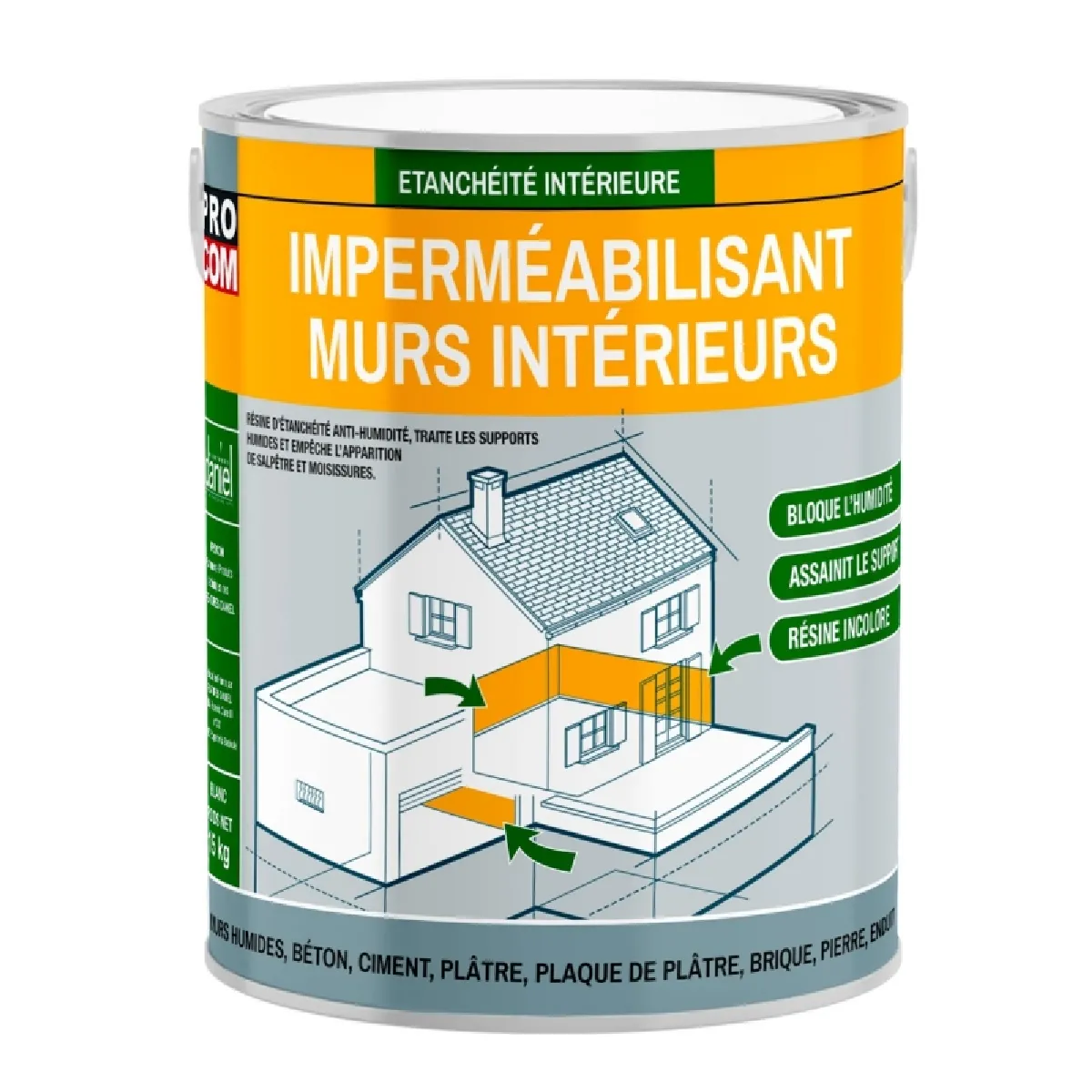 Résine d'étanchéité mur intérieur, anti-humidité, anti-salpêtre - Plâtres, pierres, briques, ciment, béton PROCOM-0.75 litres-Incolore