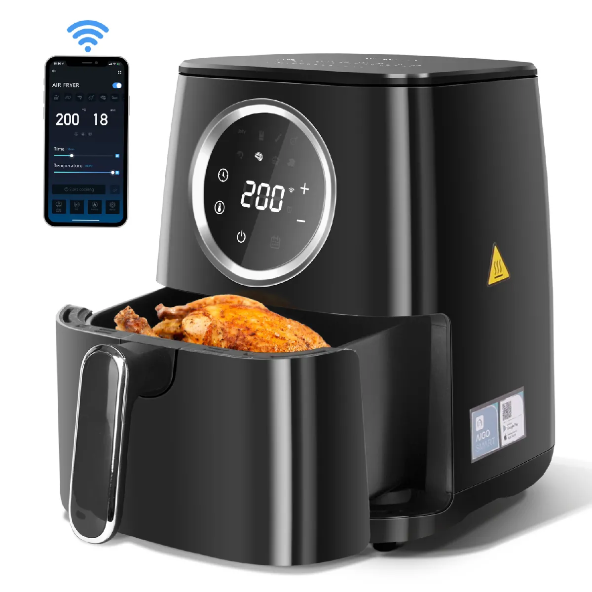 Odin Smart - Friteuse à air chaud connectée Wifi, 0% BPA. 1400W, capacité de 4.5L. 8 menus préprogrammés + mode manuel.