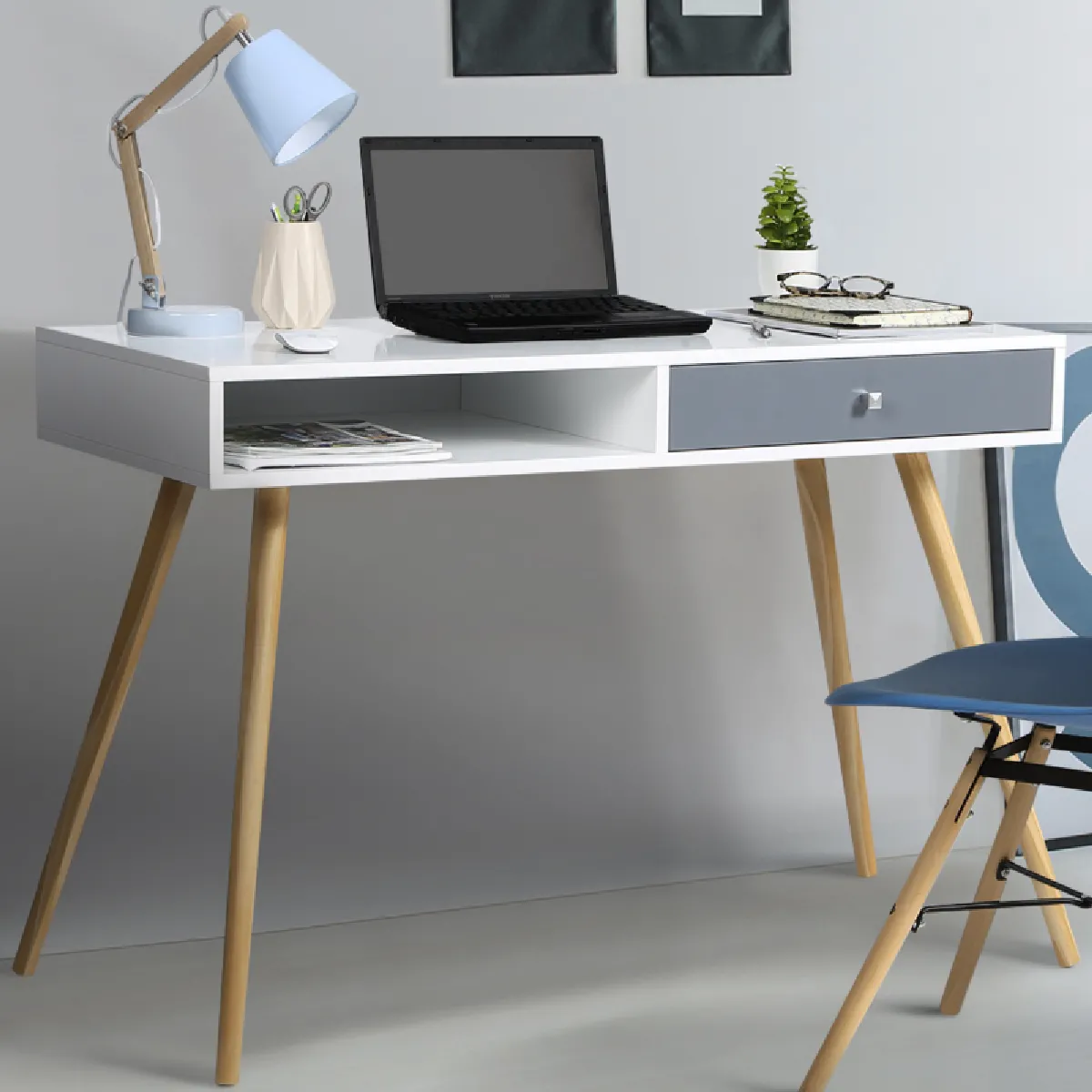 Bureau scandinave EFFIE bois blanc tiroir gris