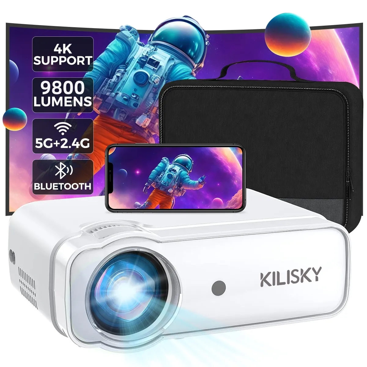 Videoprojecteur WiFi Bluetooth, KILISKY Full HD 1080P Projecteur 4K Supporté 15000 Lux, Pour TV Stick/iOS/Android/USB/PC