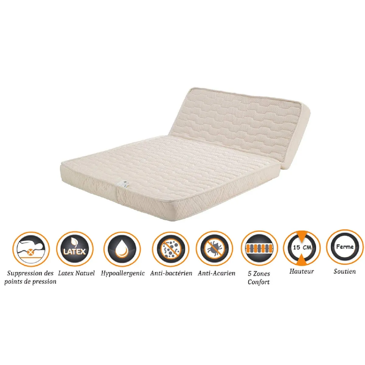 Matelas Ferme Pour tous BZ 140x190 x 15 cm + Latex Naturel sur Face Hiver - Dim Assise 60 cm - 5 zones de Confort - Face été et Ame Poli Lattex Haute Résilience - Hypoallergénique