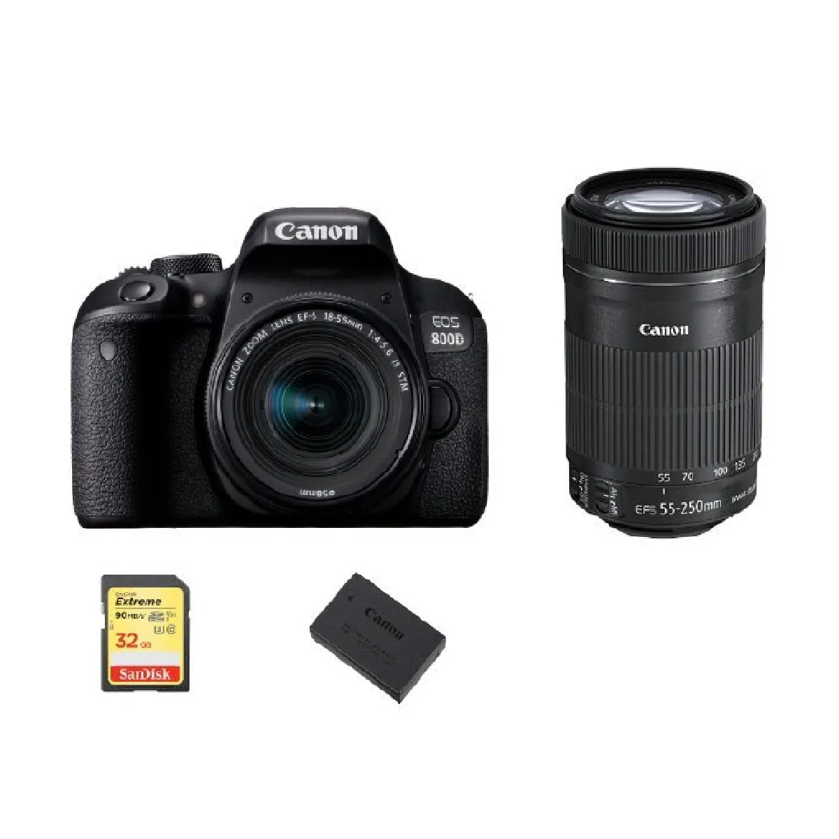 CANON EOS 800D KIT EF-S 18-55mm F4-5.6 IS STM+ EF-S 55-250mm F4-5.6 IS STM (White Box) + 32GB SD card + LP-E17 Battery