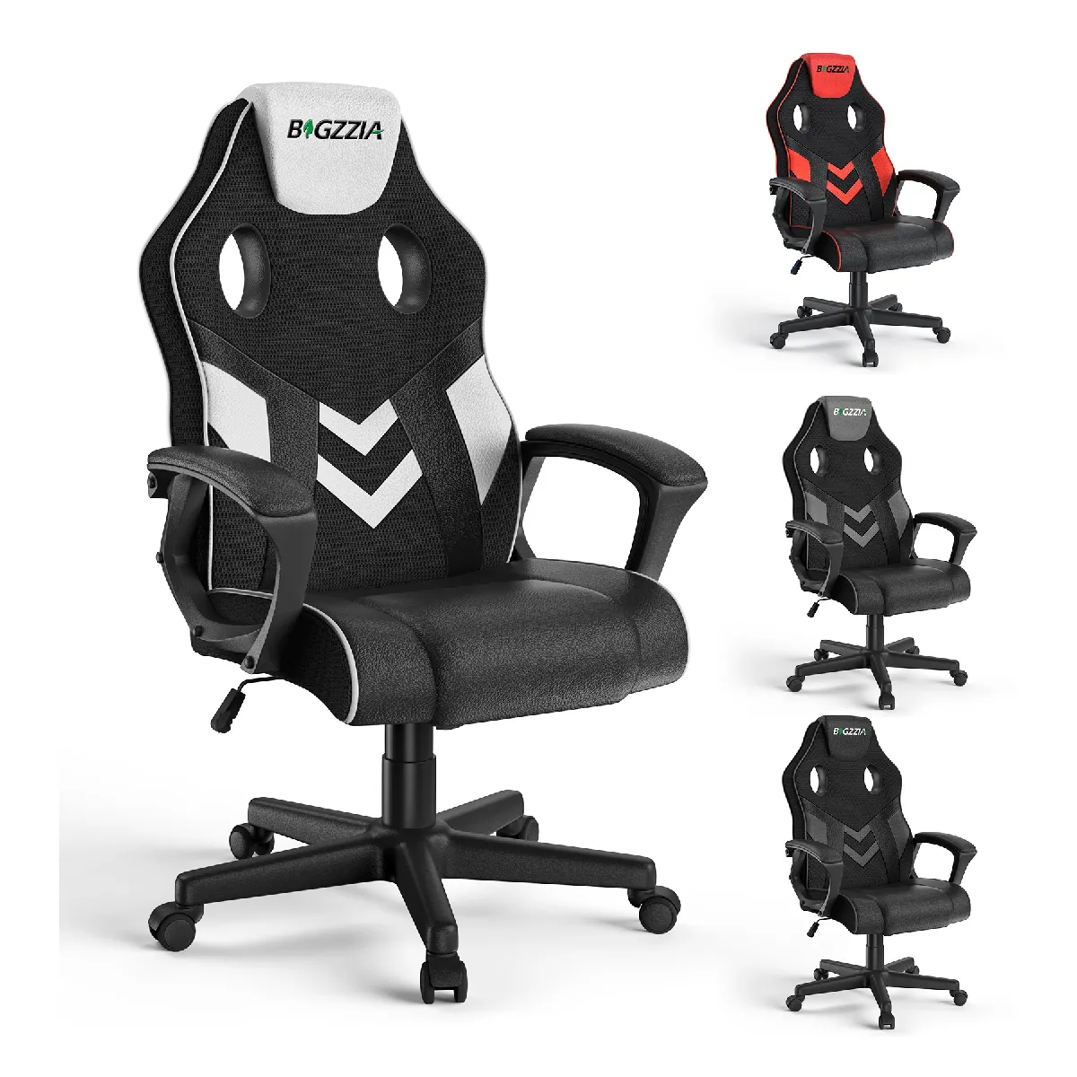 Fauteuil de Bureau Inclinable - BIGZZIA Fauteuil Gamer Hauteur Réglable - avec dossier respirant et appui-tête confortable - Noir et Blanc