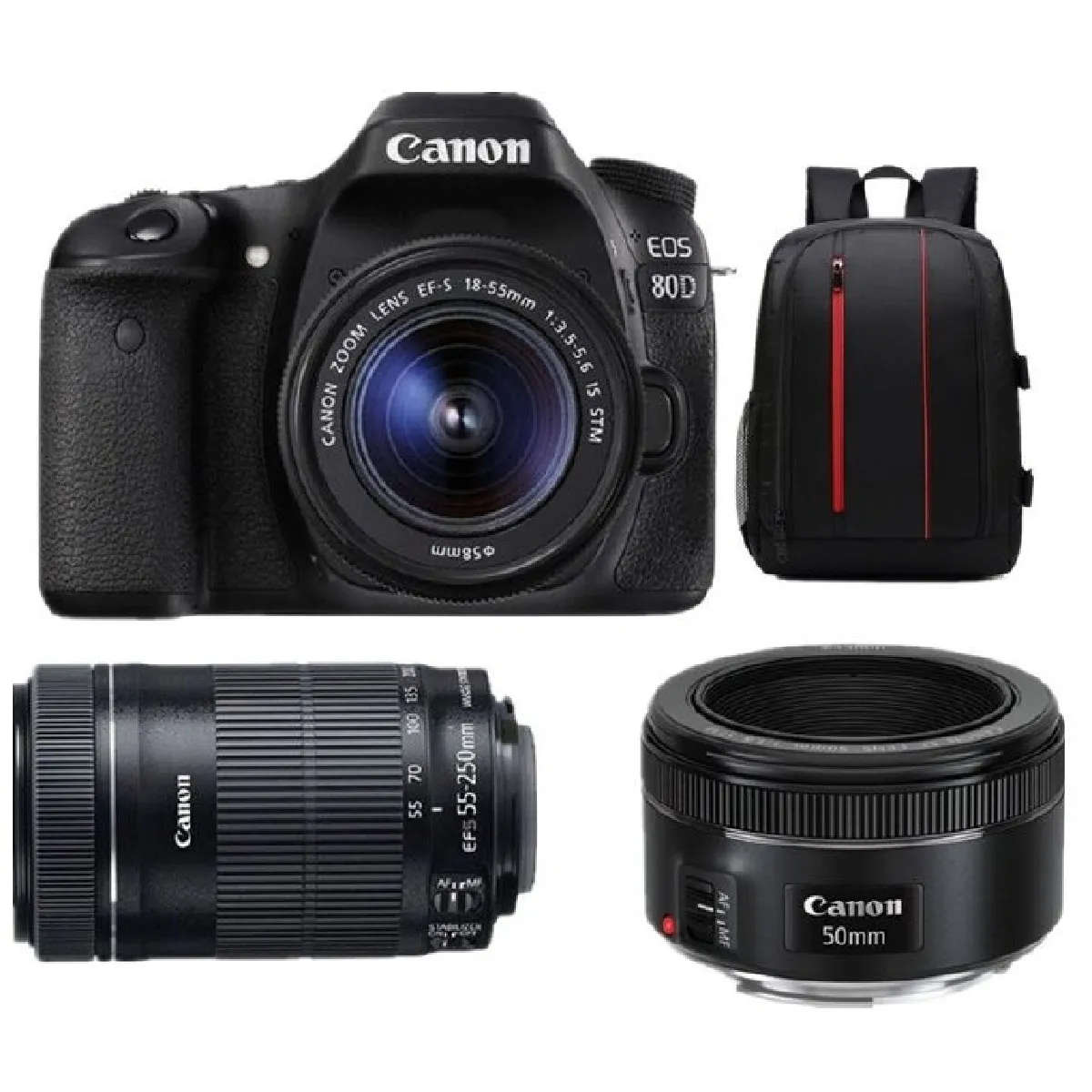 CANON EOS 80D KIT EF-S 18-55mm F3.5-5.6 IS STM + EF-S 55-250mm F4-5.6 IS STM (White Box) + EF 50mm F1.8 STM + Backpack Black