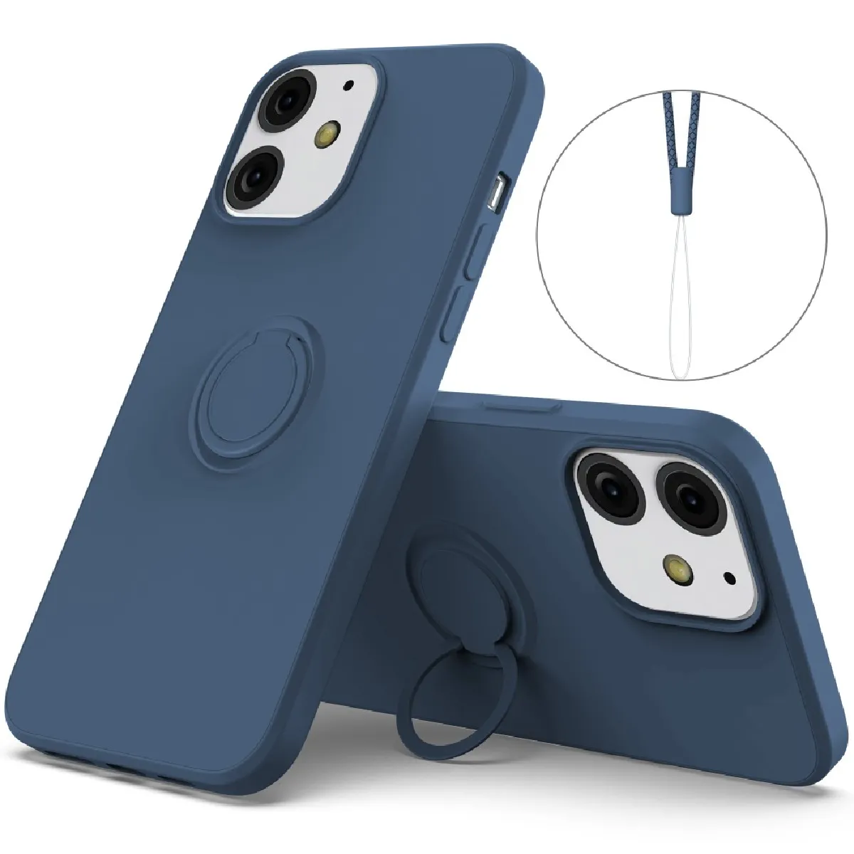 Coque en silicone antichute avec béquille à anneau rotatif à 360° et dragonne bleu nuit pour votre Apple iPhone 13 mini 5.4 pouces