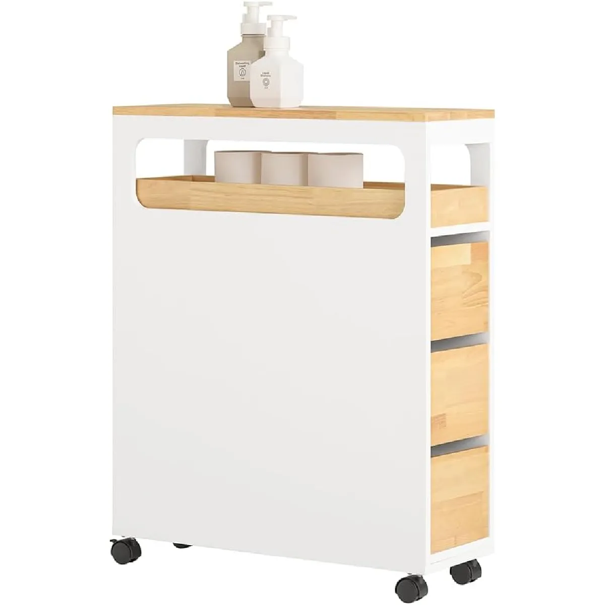 SoBuy Meuble de Rangement Salle de Bain Étroit sur roulettes, Support Papier Toilette, Armoire Toilettes WC Compact, Rangement Polyvalente avec 1 Plateau Amovible et 3 tiroirs, 65x23x82cm, BZR54-WN