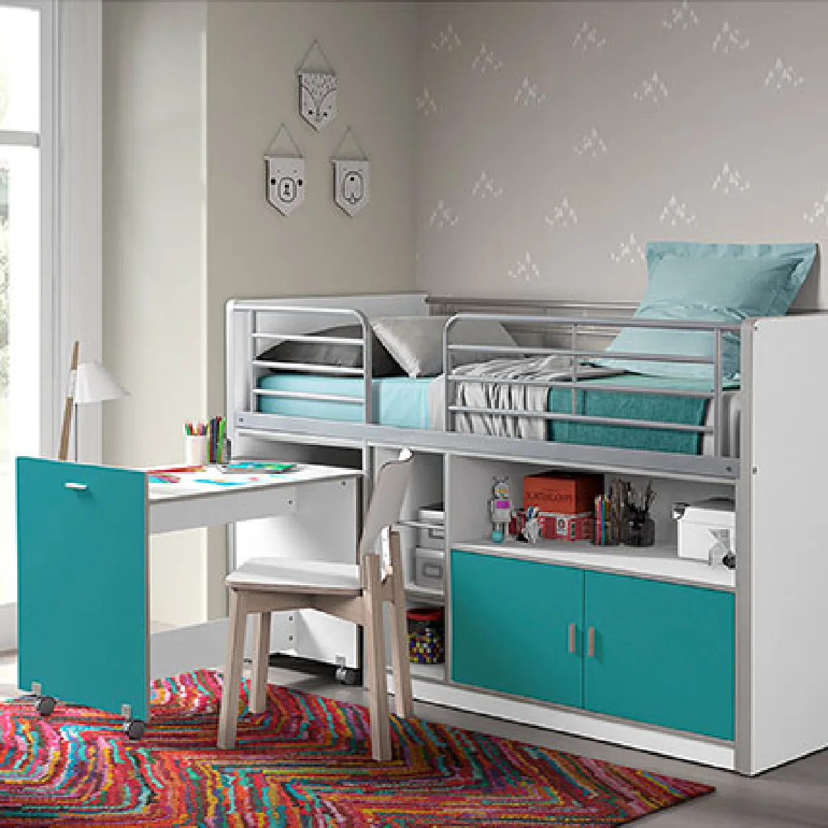 Lit combiné 90x200 cm avec bureau et rangements turquoise - ASSIA