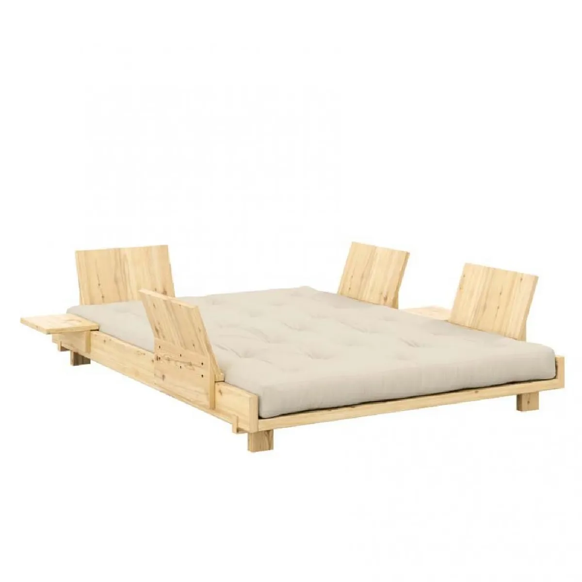 Lit futon SOCIAL SOFA pin laqué naturel couchage 140x200 cm avec 4 dossiers et 2 tables d'appoint matelas beige