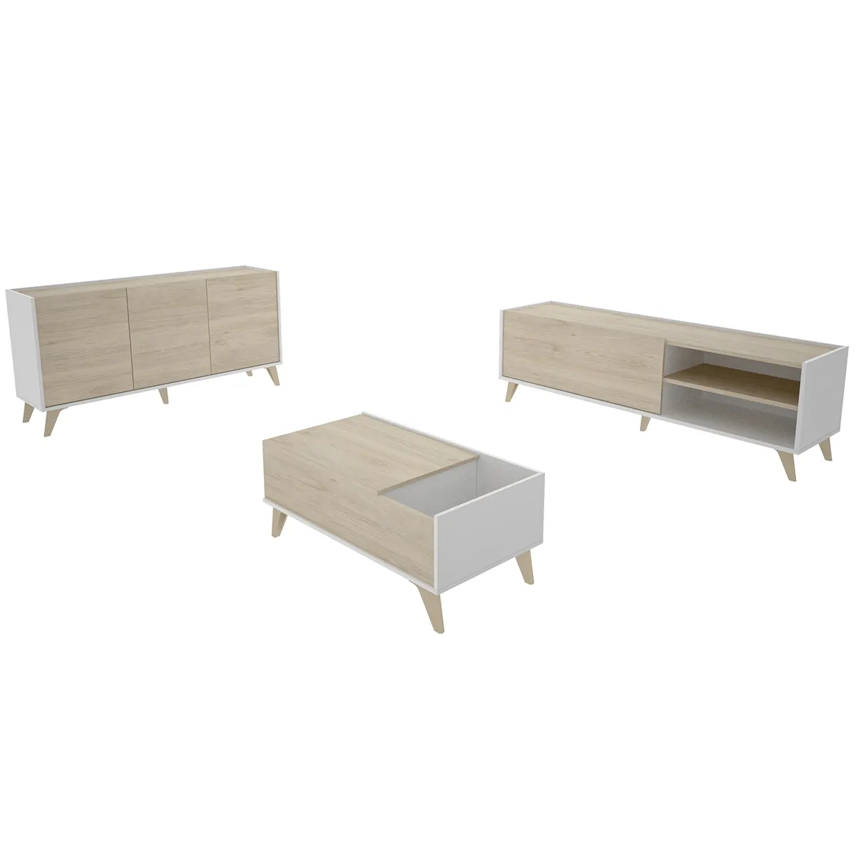 Ensemble de salon en bois mélaminé avec meuble bas TV + buffet + table basse relevable coloris chêne naturel, blanc