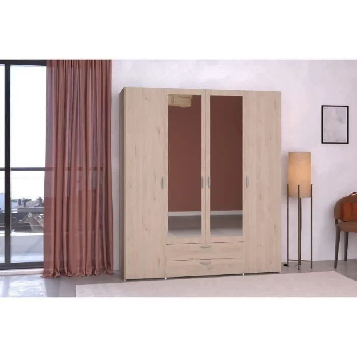 Armoire VARIA - Décor chene - 4 portes - 2 tiroirs - Portes centrales avec miroirs - 159,9 x 185 x 51,7