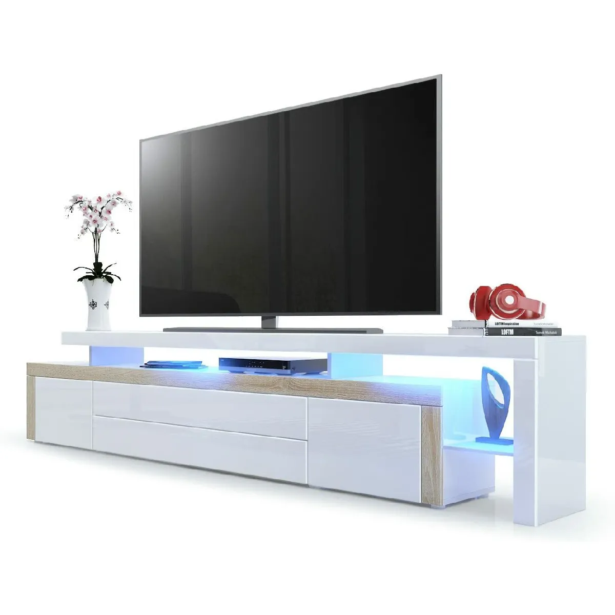 Meuble TV Laqué Blanc Et Aspect Chêne Mat Avec LED 52 X 227 X 35 Cm