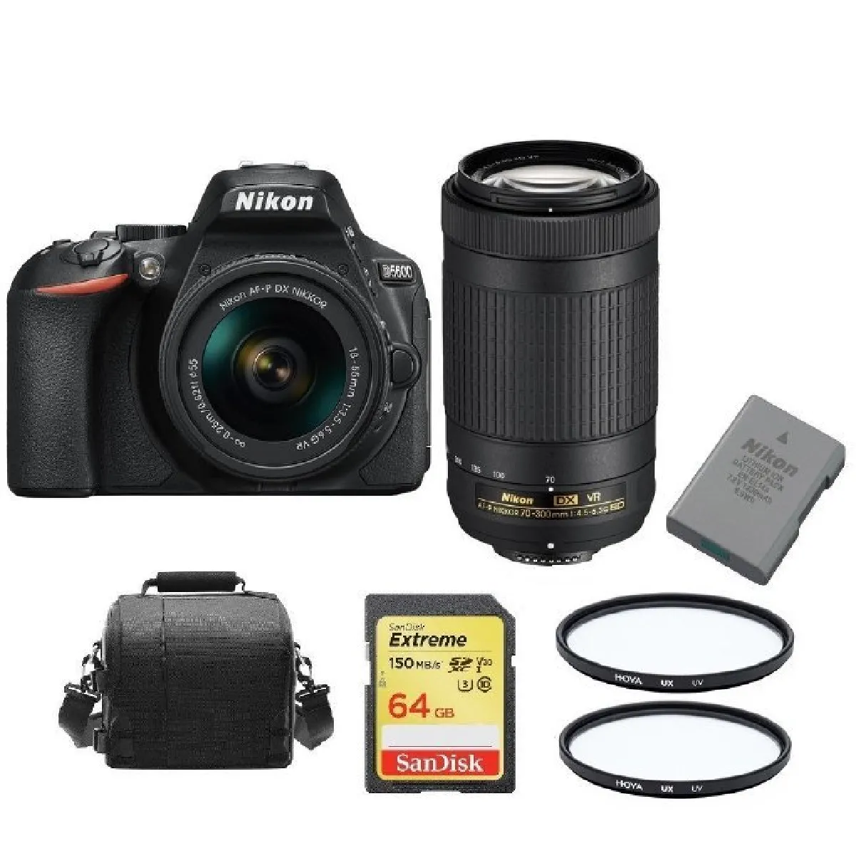 NIKON D5600 TWIN KIT AF-P 18-55MM F3.5-5.6G VR AF-P 70-300MM F4.5-6.3 ED VR DX (20062) + 64GB SD card + camera Bag + EN-EL14A Battery + HOYA UX UV 55mm Filter + HOYA UX UV 58mm Filter