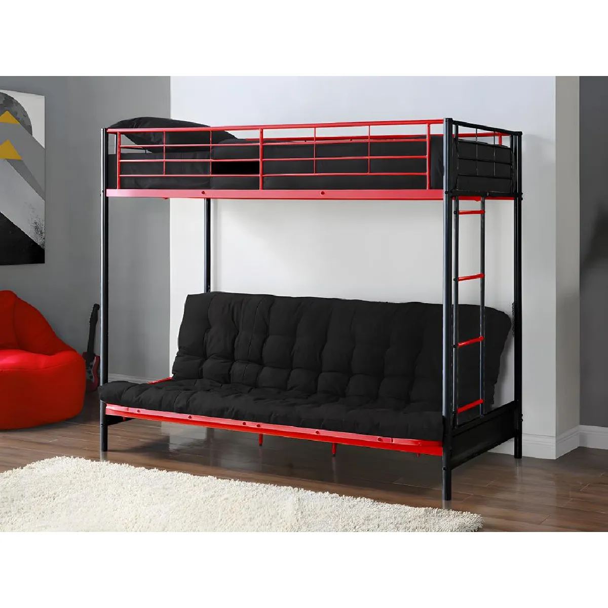 Lit mezzanine 90 x 190 cm - Avec banquette convertible - Métal - Noir et rouge - MODULO V