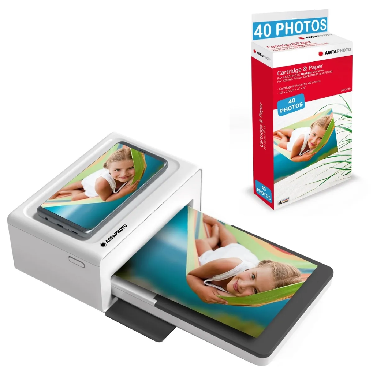 AGFA PHOTO Pack Imprimante Realipix Moments + Cartouches et papiers 40 photos supplémentaires - Impression Bluetooth Photo 10x15 cm Smartphone Apple et Android, 4Pass Sublimation Thermique - Blanc - Blanc