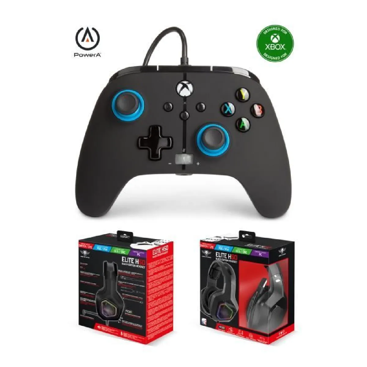 Casque GAMING PRO GAMER EH50BK LEDS RGB PC Switch PS5 PS4 Xbox Series X/S + Manette XBOX ONE-S-X-PC NOIRE BLEU Officielle