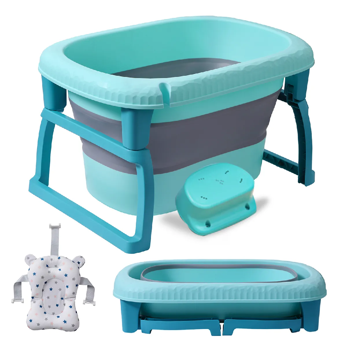 Grande baignoire pliable ultra compact,baignoire en plastique enfant avec bouchon de vidange, pieds pliable, antidérapant et facile à ranger (vert)