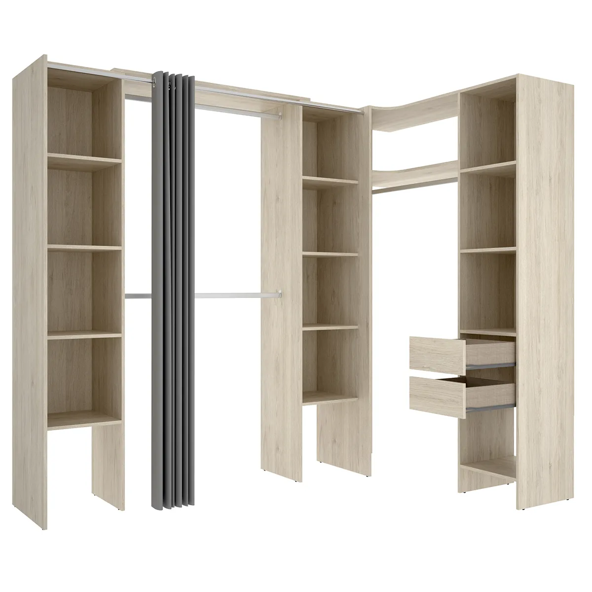 Kit armoire dressing d'angle extensible en bois mélaminé coloris chêne naturel - Longueur 164-234 x Profondeur 141 x Hauteur 205 cm