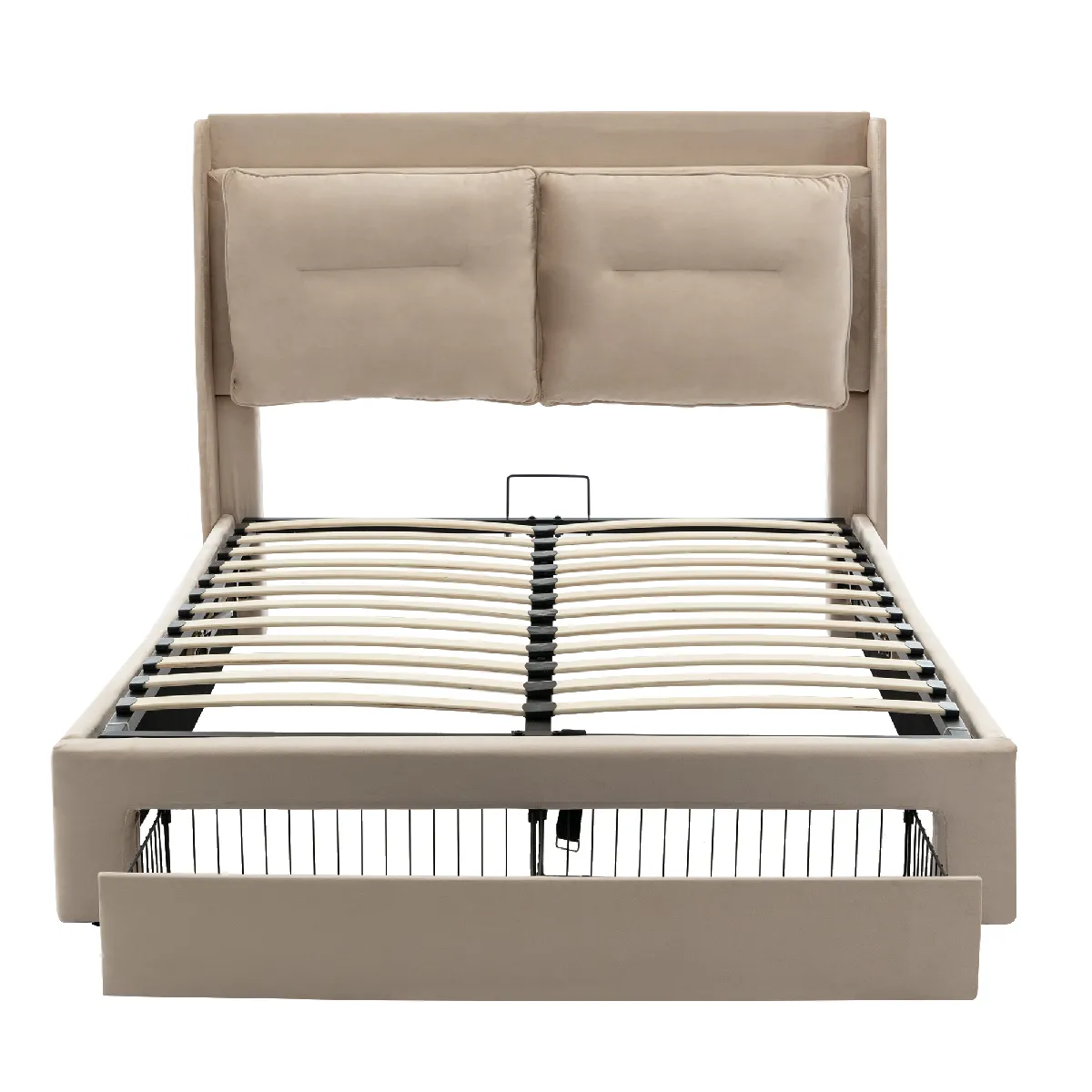 Lit rembourré beige 140 * 200, velours, tiroir de rangement 2 en 1 à la queue du lit avec ruban lumineux LED encastré, sans matelas