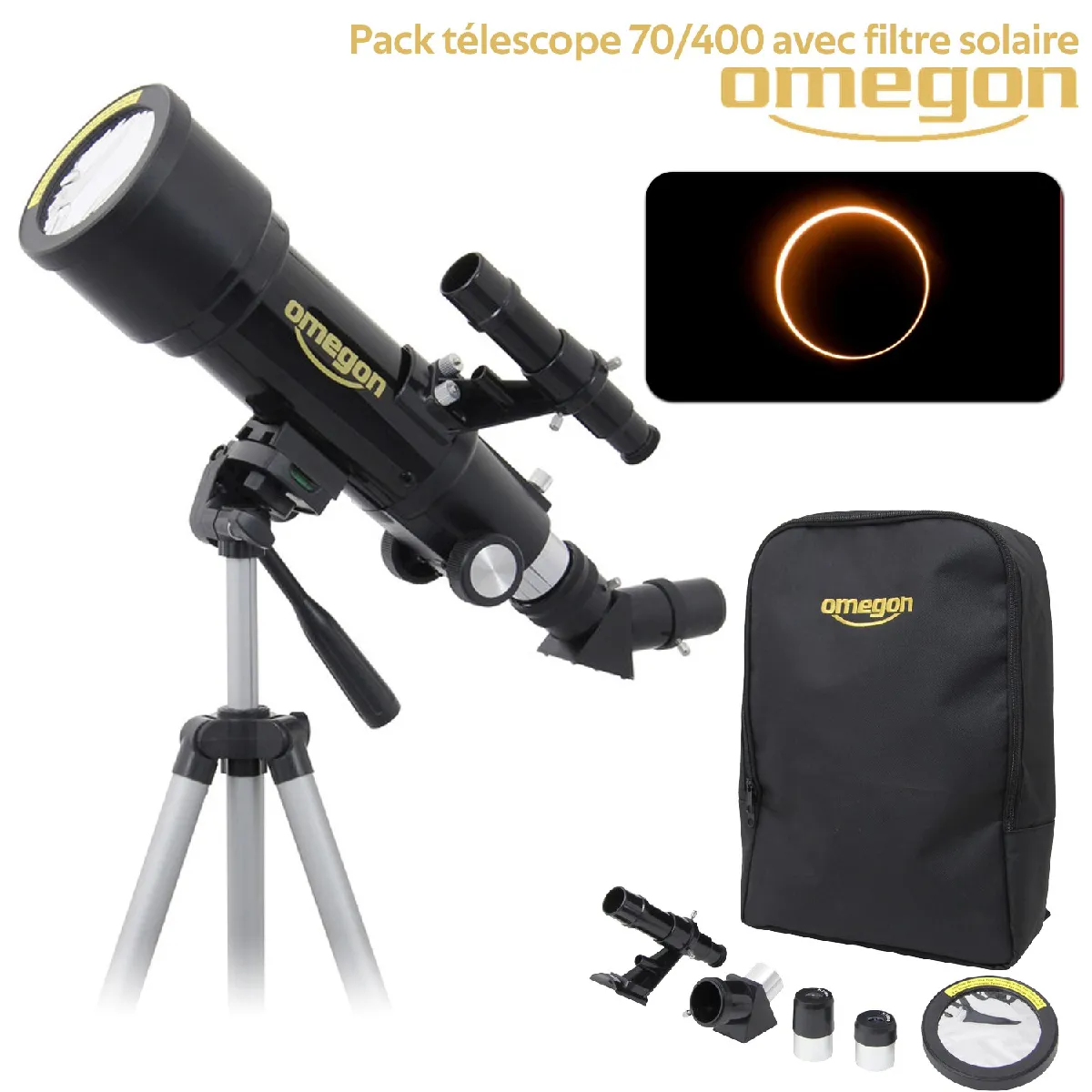 Télescope Omegon AC 70/400 AZ + Sac à dos + trépied + Filtre solaire + Occulaires K10 mm K20 mm, 1,25" + chercheur 5x24