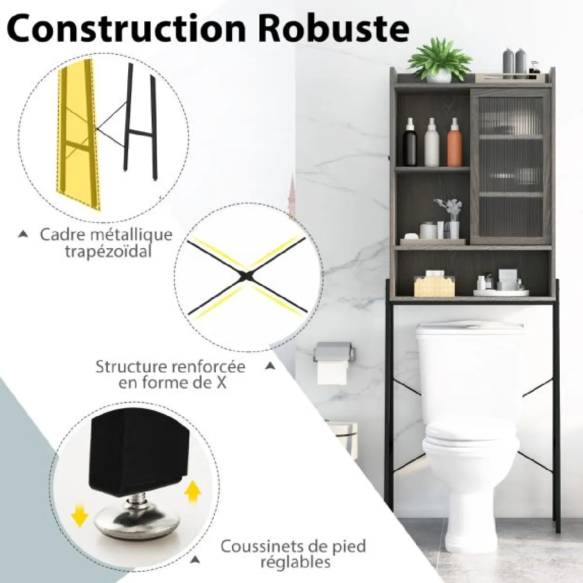 Meuble wc au-dessus de toilettes avec porte vitrée coulissante meuble de rangement industriel cadre en métal étagères réglables gris 20_0003386