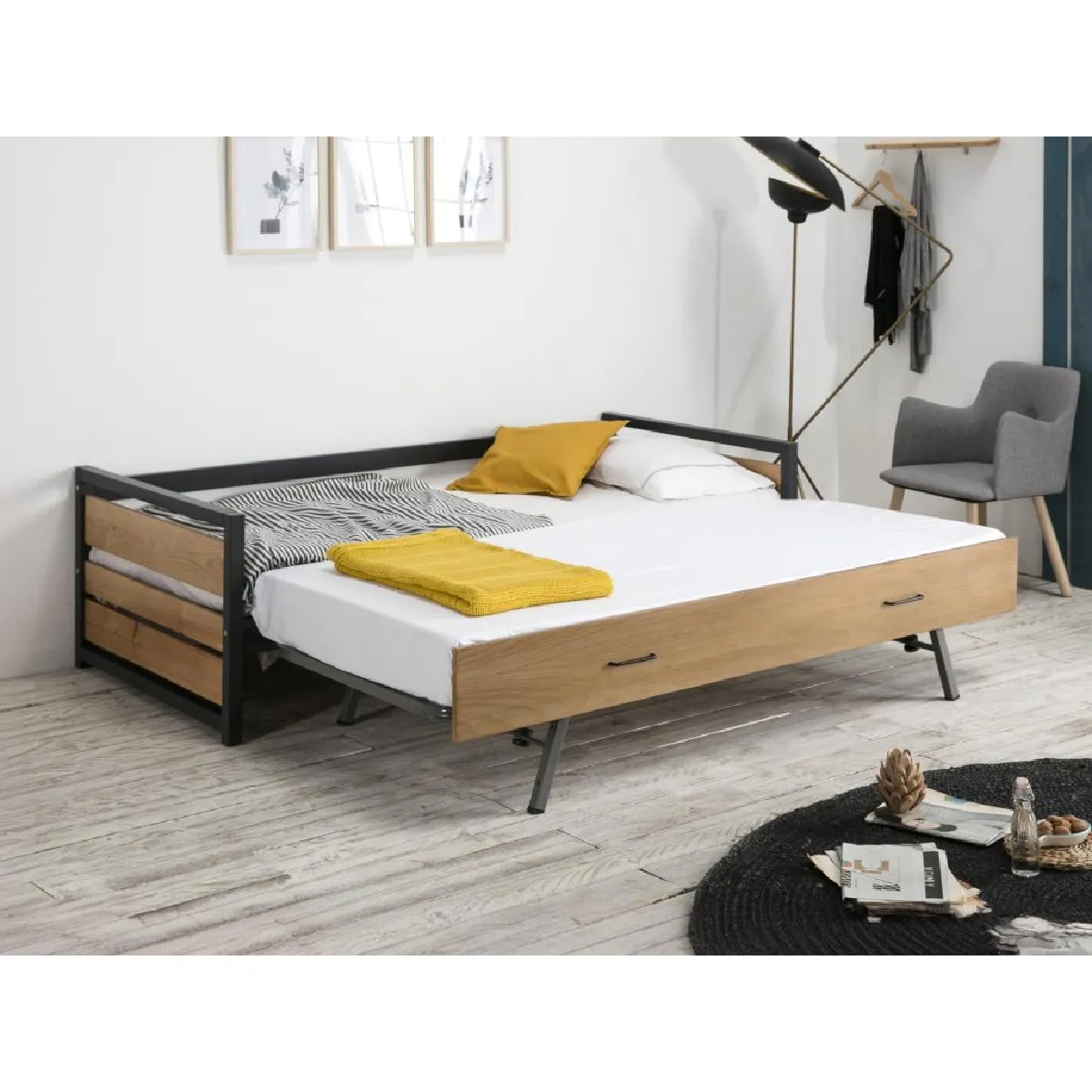 Lit gigogne industriel BOSTON - 2 x 90 x 190 cm - MDF, Pin et métal - Coloris : Noyer et anthracite + Matelas