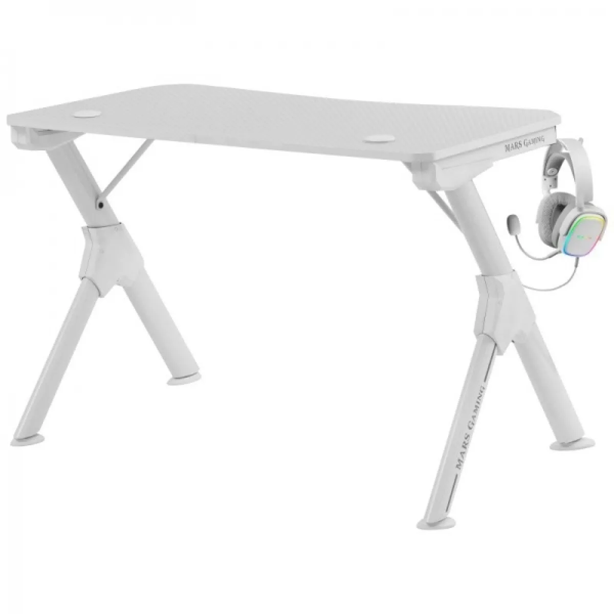 Table de jeu Mars Gaming MGDW - Stabilité imbattable - Acier et fibre de carbone - Gestion des câbles - Porte-casques et boissons - Couleur blanche