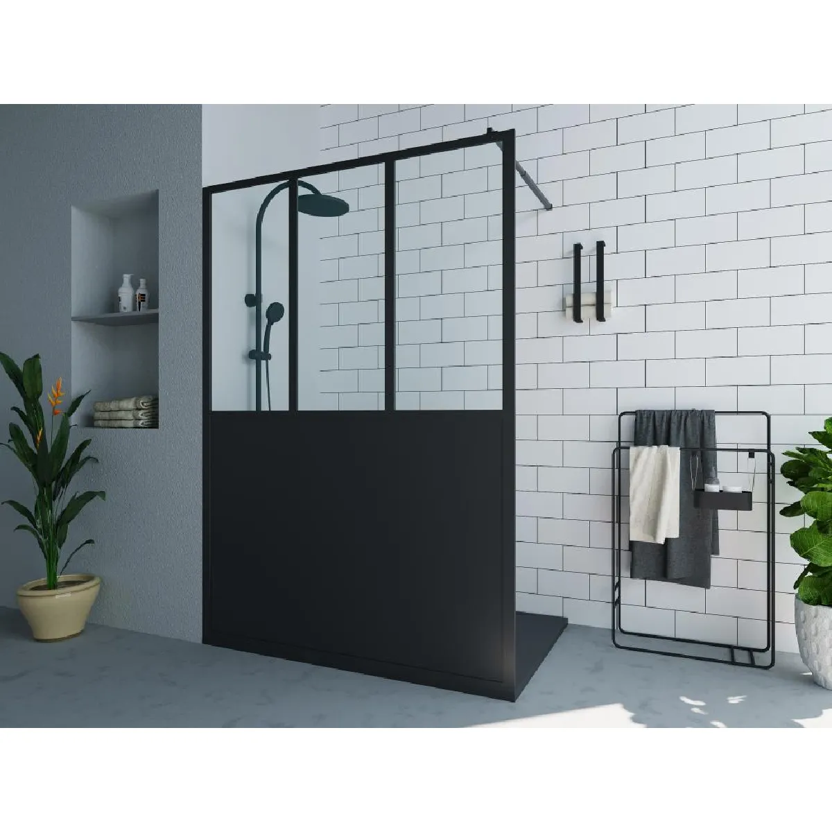 Paroi de douche à l'italienne noir mat style atelier - 140 x 200 cm - URBANIK