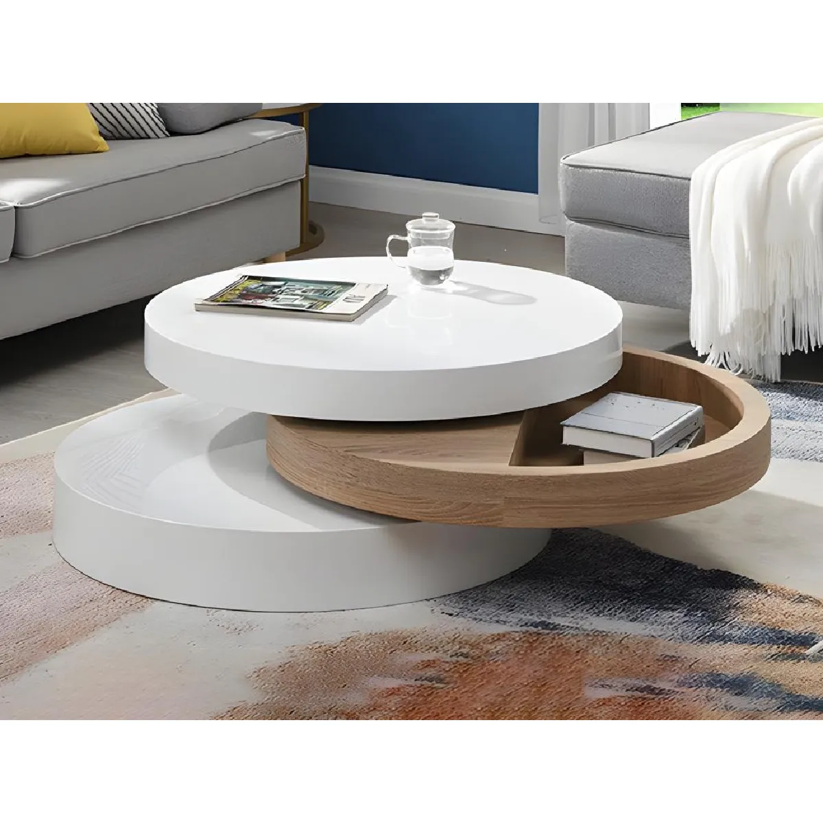 Table basse pivotante ronde avec 1 niche en MDF - Blanc et naturel clair - JANITA