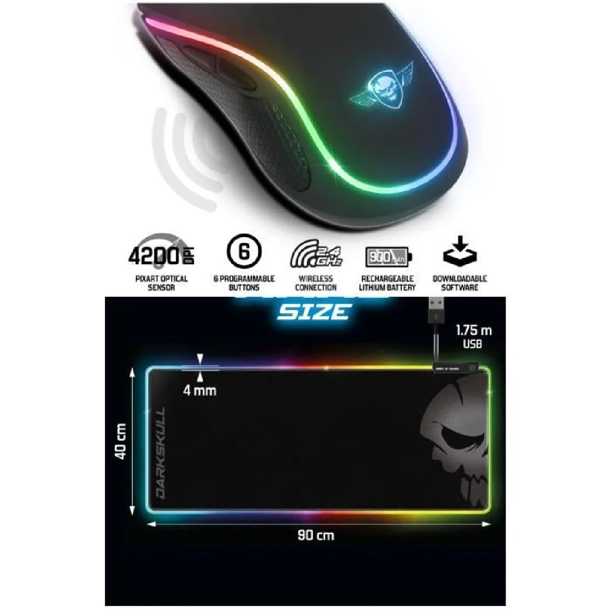 Souris Sans fil 2.4ghz 4200DPI M9 6 boutons rechargeable + Tapis de souris GAMER RGB LED HUB 4ports 12 Modes RGB GAMING