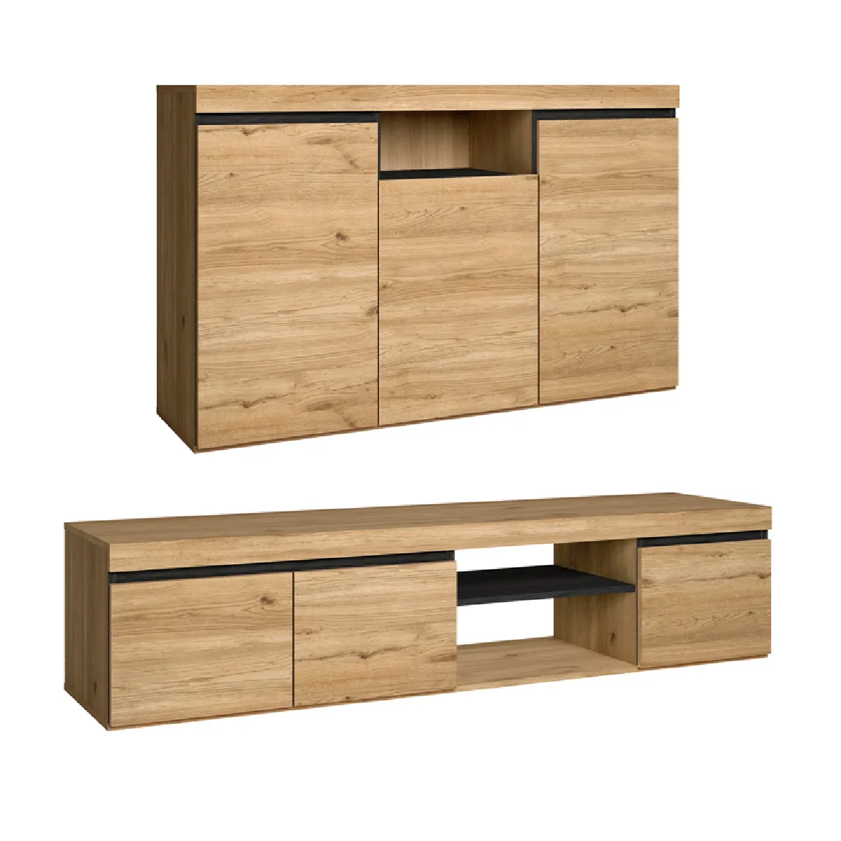 Set Naturale Buffet-Meuble TV 160cm couleur Chêne Nordique/Noir