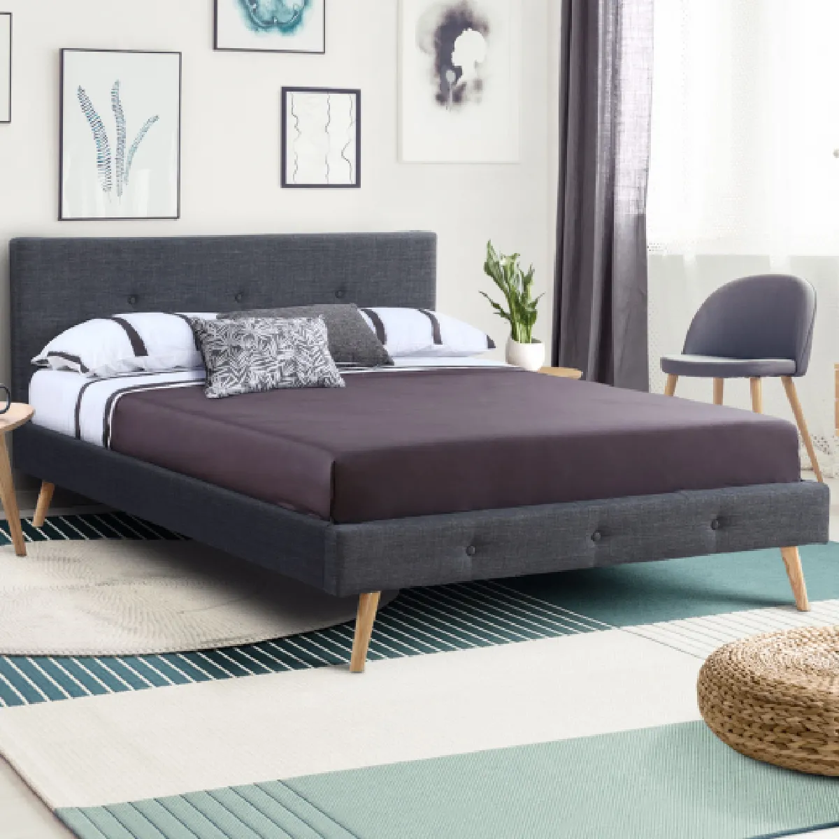 Lit double scandinave OSLO avec tête de lit et sommier 160 x 200 cm tissu gris