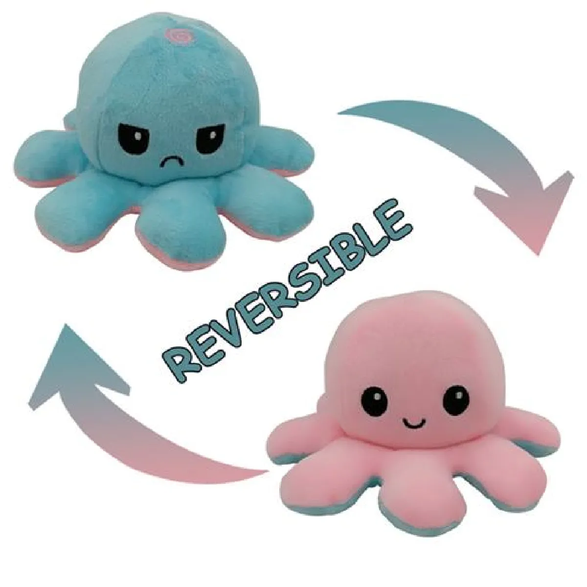 Peluche poulpe réversible double face 20 cm -rose + bleu clair