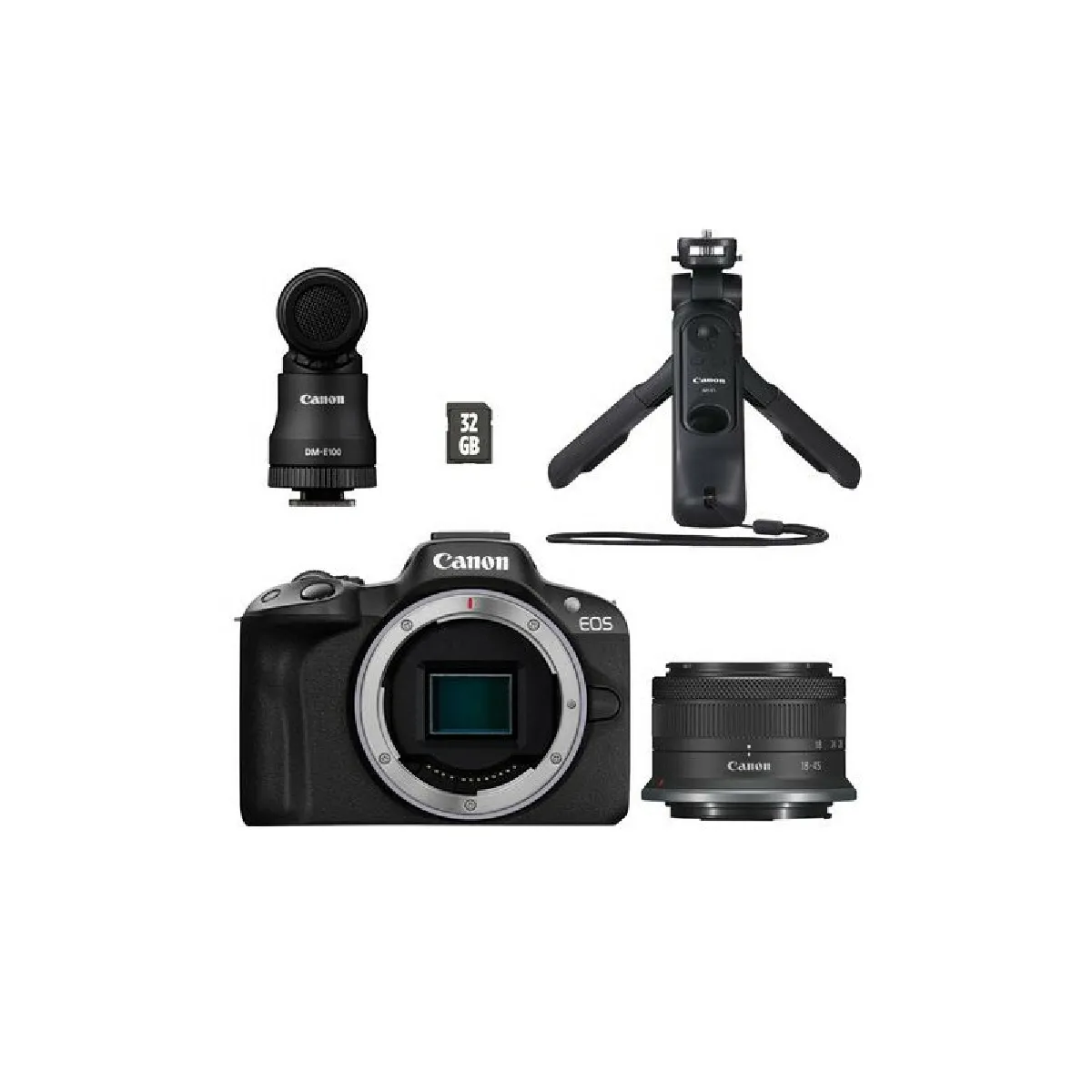 Appareil photo hybride kit Créateur Canon EOS R50 + RF S 18 45mm f 4.5 6.3 IS STM + Micro DM E100 + Poignée trépied HG 100TB